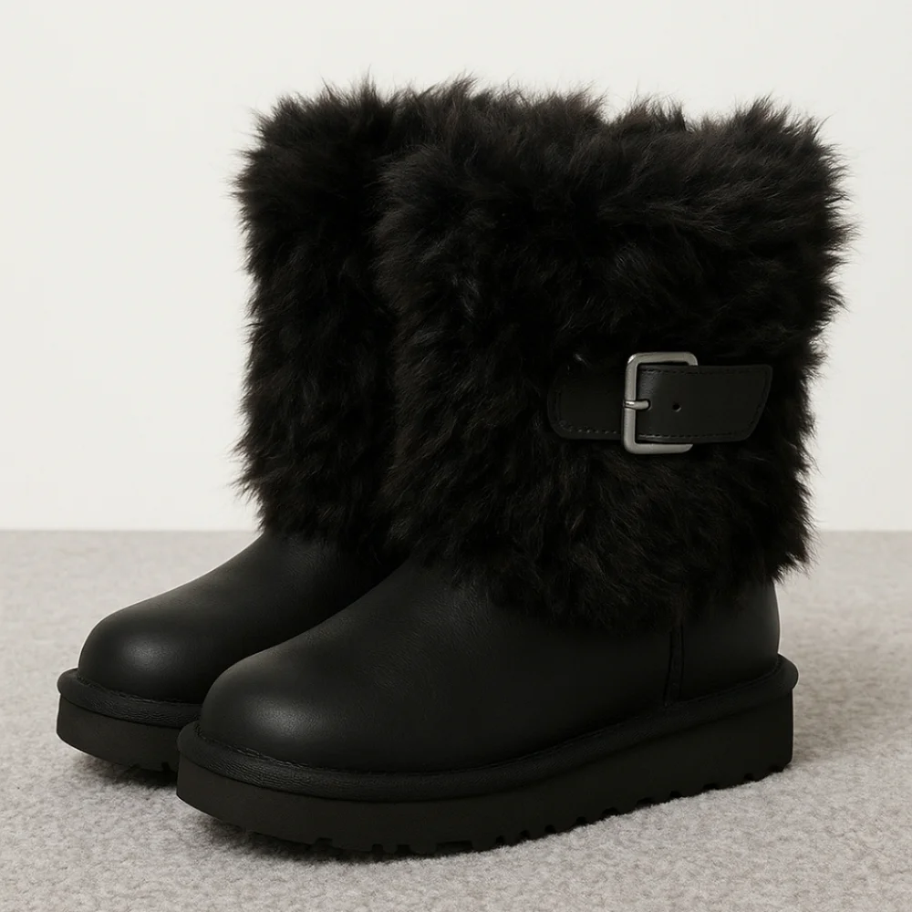 UGG Australia Big Girls Black Leather Ellee Fur Trim Boot 3
